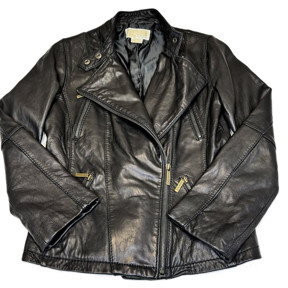 Michael Kors Women's Black Genuine Leather Asymmetrical Zip Biker Jacket Size S
